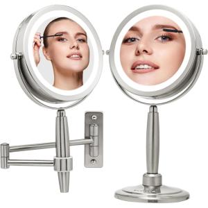 imageOVENTE 7 Lighted Makeup Mirror with 1X8X Magnification Cordless MultiFunctional Round Vanity Mirror with 360 Swivel Design Double Sided and Three Toned LED Lights Nickel Brushed MFM70BR1X8XNickle Brushed