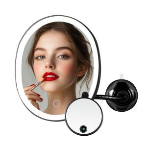 imageOVENTE 9 Lighted Wall Mount Makeup Mirror with Mini Magnetic 10X Magnifying Mirror Rechargeable Vanity Mirror Touch Screen Dimmable LED Lights Flexible Gooseneck ampamp Suction Mounting Black MOW22B