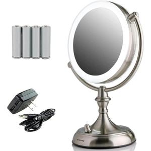 imageOVENTE 9quot Lighted Tabletop Makeup Mirror with 1X5X Magnification DoubleSided Magnifying Vanity Mirror with Dimmable LED Lights 360 Swivel Design and Dual Power Supply Polished Chrome MGT95CH1X5XNickel Brushed