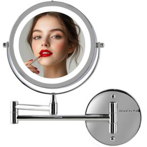 imageOVENTE 9quot Lighted Wall Mount Makeup Mirror with 1X7X Magnification Cordless Double Sided Magnifying Round Vanity Mirror 360 Swivel Design Extendable and Folding Arm Antique Bronze MFW85ABZ1X7XPolished Chrome