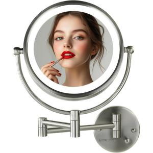 imageOVENTE 9quot Lighted Wall Mount Makeup Mirror with 1X7X Magnification Double Sided Magnifying Vanity Mirror LED Glow Light 360 Swivel Design Extendable ampamp Folding Arm Polished Chrome MPWD3185CH1X7XNickel Brushed
