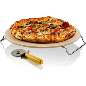 imageOVENTE Ceramic Flat 13 Inch Pizza Stone Set with Crust Cutter Wheel ampamp Metal RackHandle Compact Easy Storage Portable Baking Grilling Stone Thermal Shock Resistance for Oven Grill BBQ Beige BW10132