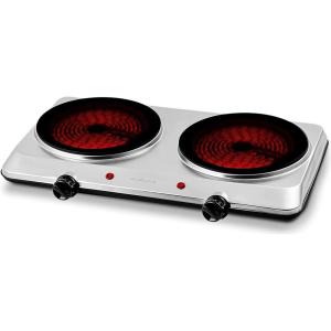 imageOVENTE Countertop Infrared Double Burner 1700W Electric Hot Plate and Portable Stove with 775quot and 675quot Ceramic Glass Cooktop 5 Level Temperature Setting and Easy to Clean Base Black BGI102BBGI202S  Silver