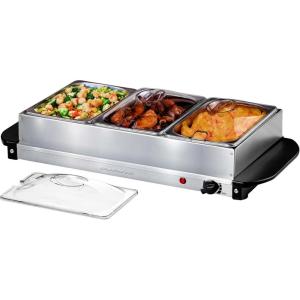 imageOVENTE Electric Buffet Server and Food Warmer with Temperature Control Perfect for Parties Dinners and Entertaining Two 15 Quart Chafing Dish Set with Stainless Steel Warming Tray Silver FW152S3 Chafing Pan  Silver