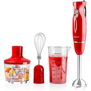 imageOVENTE Electric Immersion Hand Blender 300 Watt 2 Mixing Speed with Stainless Steel Blades Powerful Portable Easy Control Grip Stick Mixer Perfect for Smoothies Puree Baby Food ampamp Soup Red HS560RWith Attachment  Red