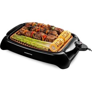 imageOVENTE Electric Indoor Grill with 13x10 Inch NonStick Cooking Surface 1000W Fast Heat Up Power Adjustable Temperature Removable and Dishwasher Safe Grilling Plate and Drip Tray Black GD1632NLBGD1632NLCO