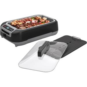 imageOVENTE Electric Indoor Grill with 13x10 Inch NonStick Cooking Surface 1000W Fast Heat Up Power Adjustable Temperature Removable and Dishwasher Safe Grilling Plate and Drip Tray Black GD1632NLBSGR85B