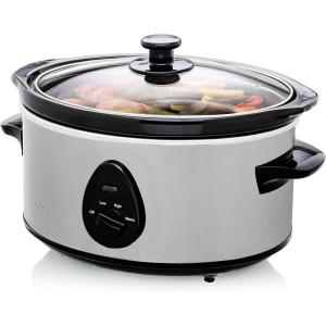 imageOVENTE Electric Slow Cooker with 3 Cooking Settings DishwasherSafe Stoneware Tempered Glass Lid and 37 Quart Oval Ceramic Pot Perfect for Entrees Soups Sauces Stews and Dips Silver SLO35ABRSilver