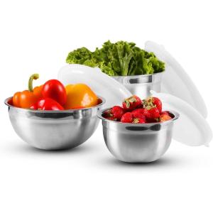 imageOVENTE Mixing Bowl Stainless Steel with Lids Nesting Bowls with Measuring Marks Safe Easy to Clean ampamp StoragePerfect for Cooking Baking ServingSilver BM46333S 15355 QuartsMixing BowlSet of 3Mixing Bowl  Set of 3