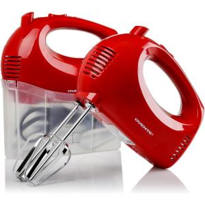 imageOVENTE Portable 5 Speed Mixing Electric Hand Mixer with Stainless Steel Whisk Beater Attachments ampamp Snap Storage Case Compact Lightweight 150 Watt Powerful Blender for Baking ampamp Cooking White HM151WRed