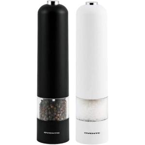 imageOVENTE Set of 2 Electric Salt ampamp Pepper Mill Grinder Battery Powered Stainless Steel Blades Automatic One Handed Operation with light and Adjustable Coarseness Black and White SPD102BW