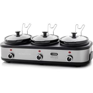 imageOVENTE Stainless Steel Triple Slow Cooker Buffet Server with Glass Lid ampamp Temperature Control 3 Section Station Portable 45 QT Ceramic Pot Food Warmer Easy Clean for Holiday Dinner Silver SLO315CBR