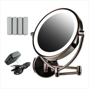 imageOvente 95quot Lighted Wall Mount Makeup Mirror 1X ampamp 7X Magnifier Spinning Double Sided Round LED Dimmer Switch Extend Retractable ampamp Folding Arm Battery USB Powered Antique Brass MLW45AB1X7X
