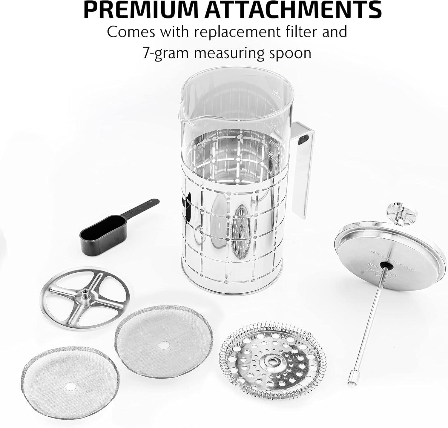 imageOVENTE French Press Coffee Maker 27 Ounce 4 Level Stainless Steel Filter System ampamp Heat Resistant Borosilicate Glass Portable Pitcher for Travel Gift Easy Clean Carafe w Scoop Silver FSS27PFSS34P
