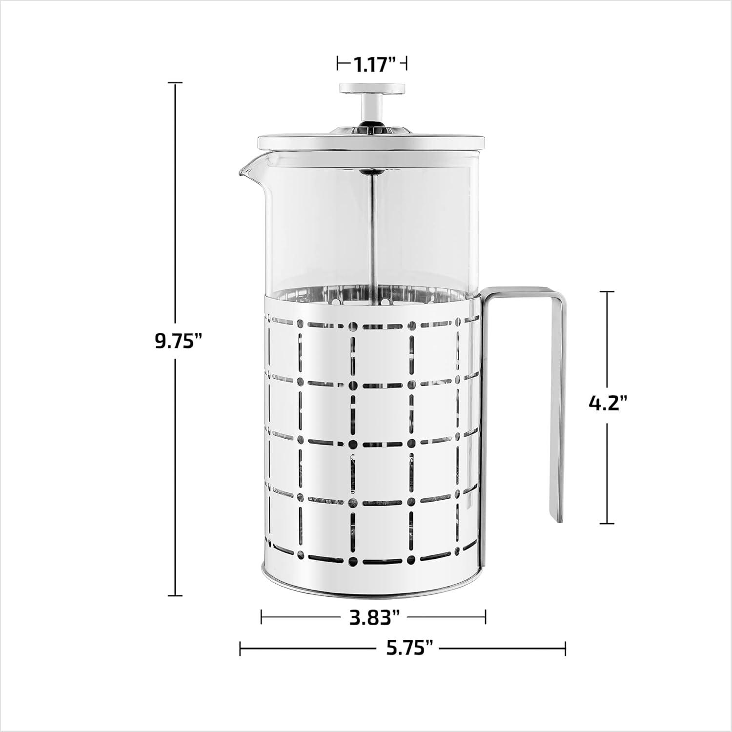 imageOVENTE French Press Coffee Maker 27 Ounce 4 Level Stainless Steel Filter System ampamp Heat Resistant Borosilicate Glass Portable Pitcher for Travel Gift Easy Clean Carafe w Scoop Silver FSS27PFSS34P