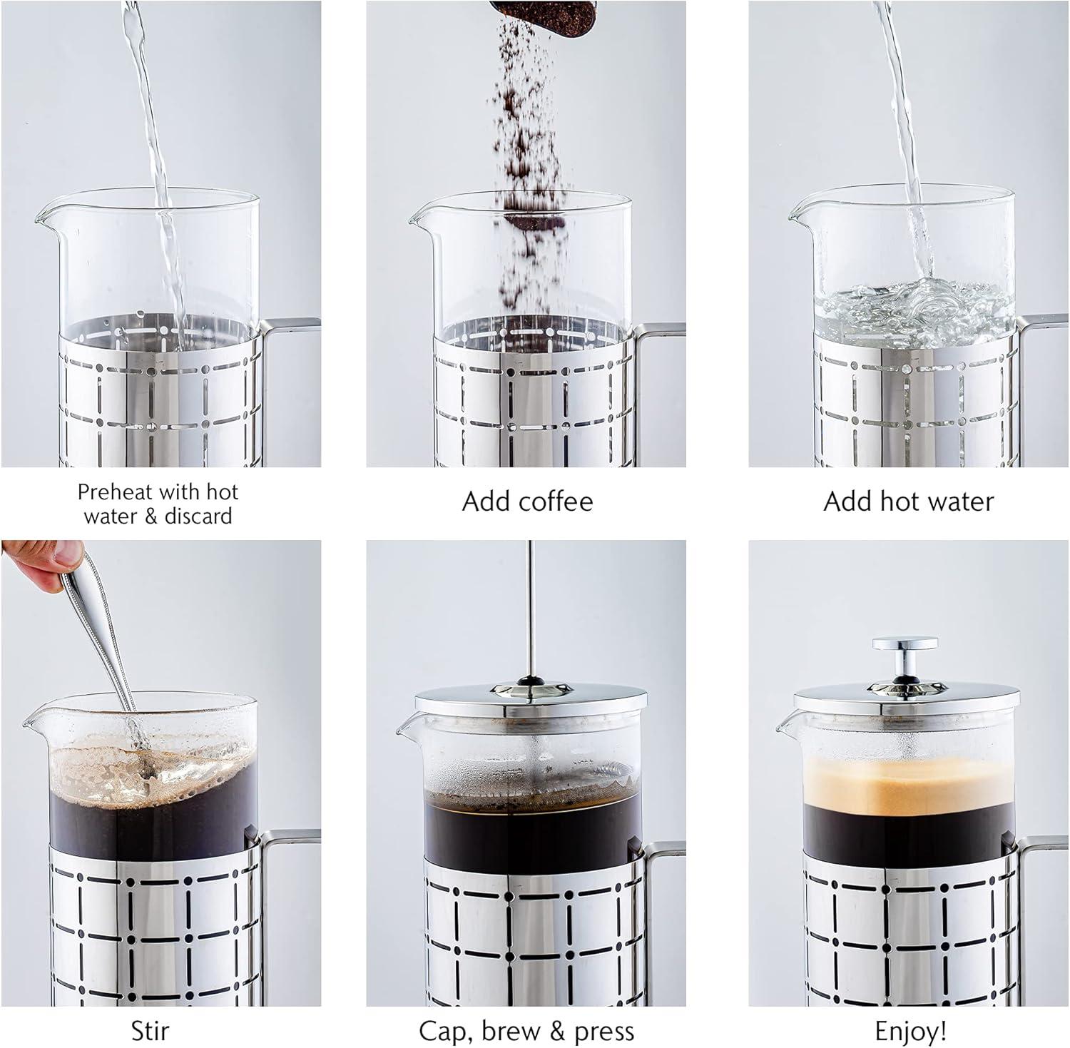 imageOVENTE French Press Coffee Maker 27 Ounce 4 Level Stainless Steel Filter System ampamp Heat Resistant Borosilicate Glass Portable Pitcher for Travel Gift Easy Clean Carafe w Scoop Silver FSS27PFSS34P