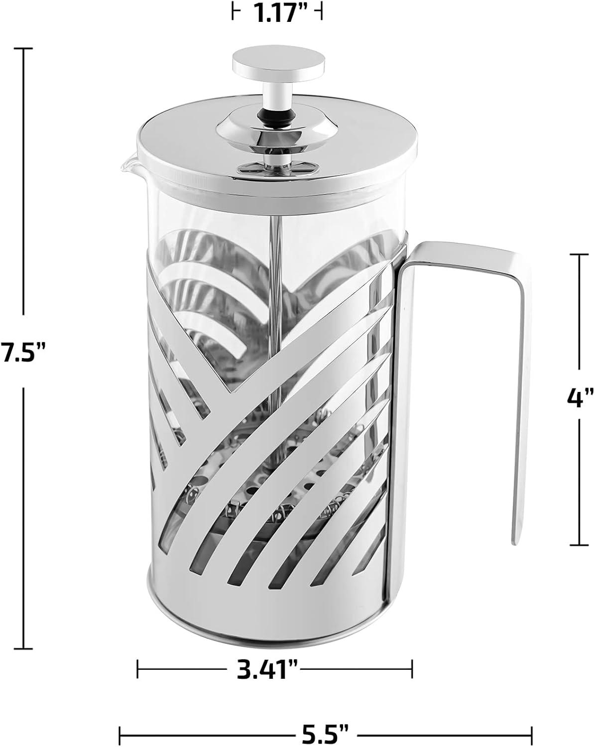 imageOVENTE French Press Coffee Maker 27 Ounce 4 Level Stainless Steel Filter System ampamp Heat Resistant Borosilicate Glass Portable Pitcher for Travel Gift Easy Clean Carafe w Scoop Silver FSS27PFSD20P