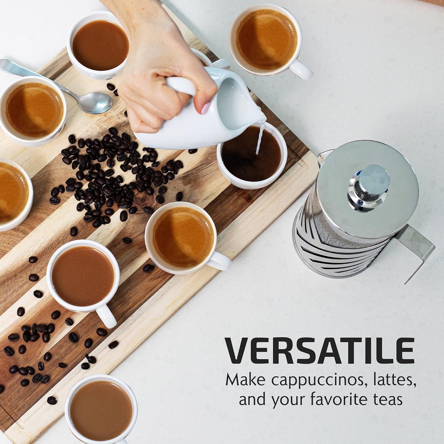 imageOVENTE French Press Coffee Maker 27 Ounce 4 Level Stainless Steel Filter System ampamp Heat Resistant Borosilicate Glass Portable Pitcher for Travel Gift Easy Clean Carafe w Scoop Silver FSS27PFSD34P