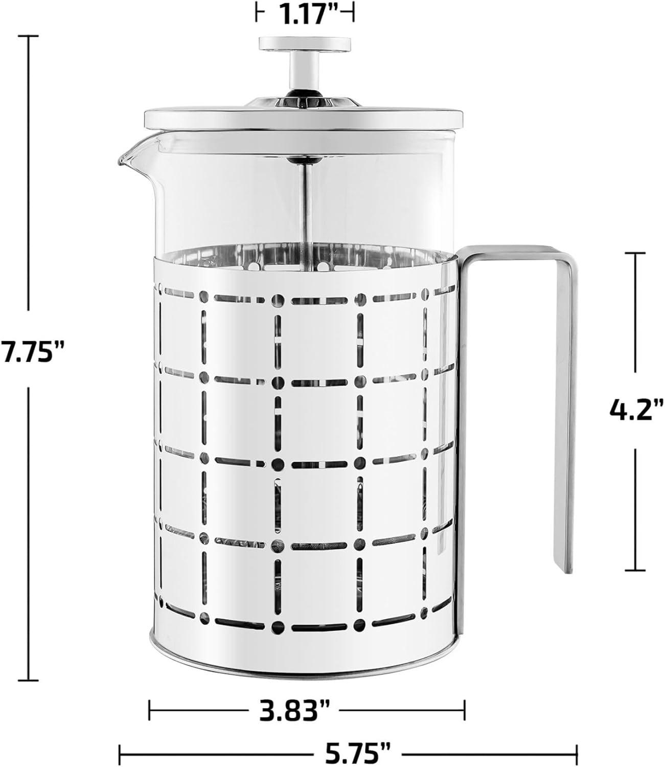 imageOVENTE French Press Coffee Maker 27 Ounce 4 Level Stainless Steel Filter System ampamp Heat Resistant Borosilicate Glass Portable Pitcher for Travel Gift Easy Clean Carafe w Scoop Silver FSS27PFSS27P