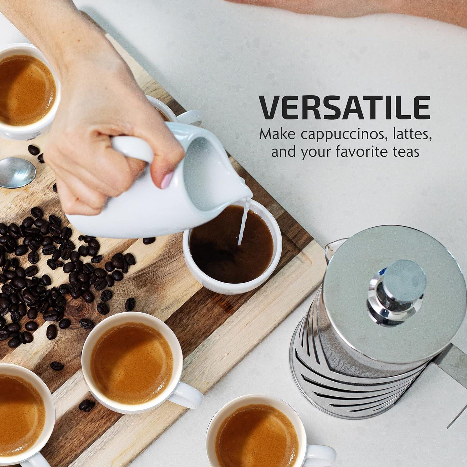 imageOVENTE French Press Coffee Maker 27 Ounce 4 Level Stainless Steel Filter System ampamp Heat Resistant Borosilicate Glass Portable Pitcher for Travel Gift Easy Clean Carafe w Scoop Silver FSS27PFSD20P