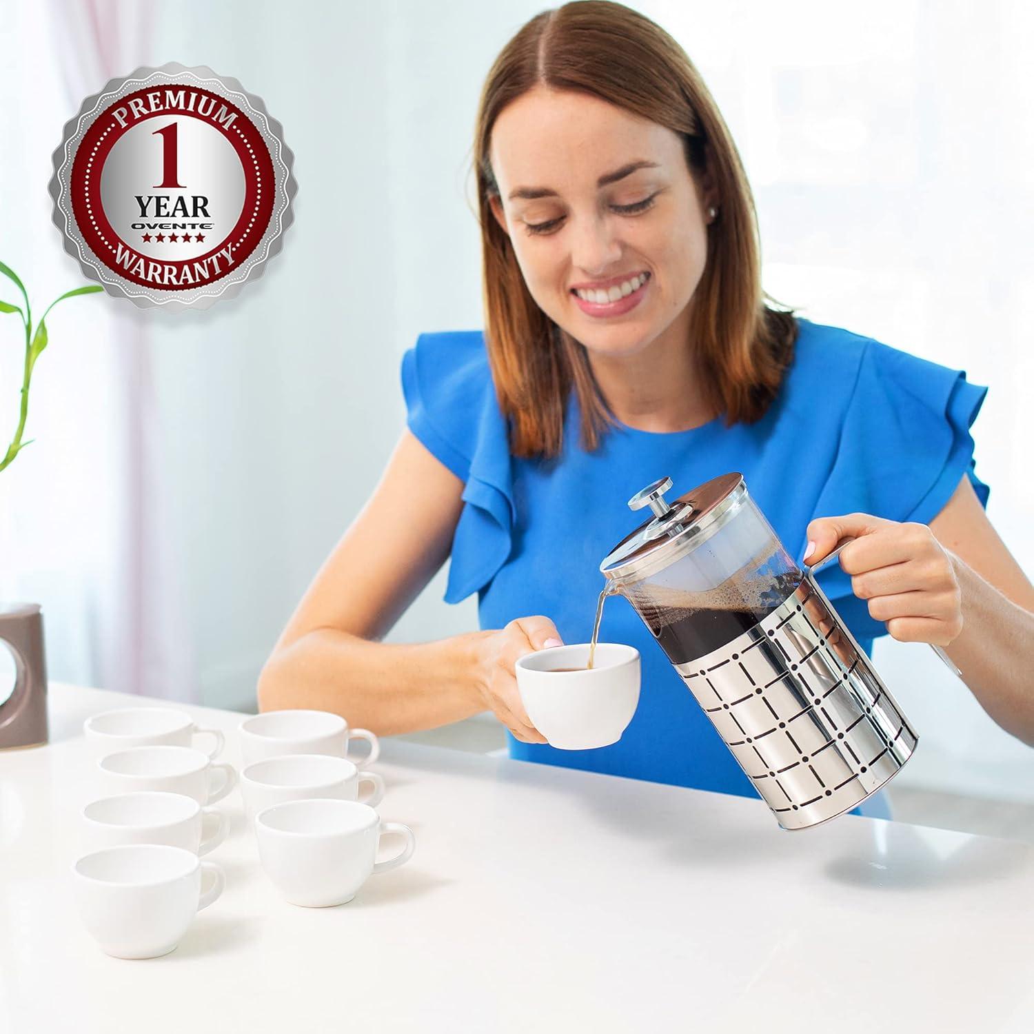 imageOVENTE French Press Coffee Maker 27 Ounce 4 Level Stainless Steel Filter System ampamp Heat Resistant Borosilicate Glass Portable Pitcher for Travel Gift Easy Clean Carafe w Scoop Silver FSS27PFSS34P
