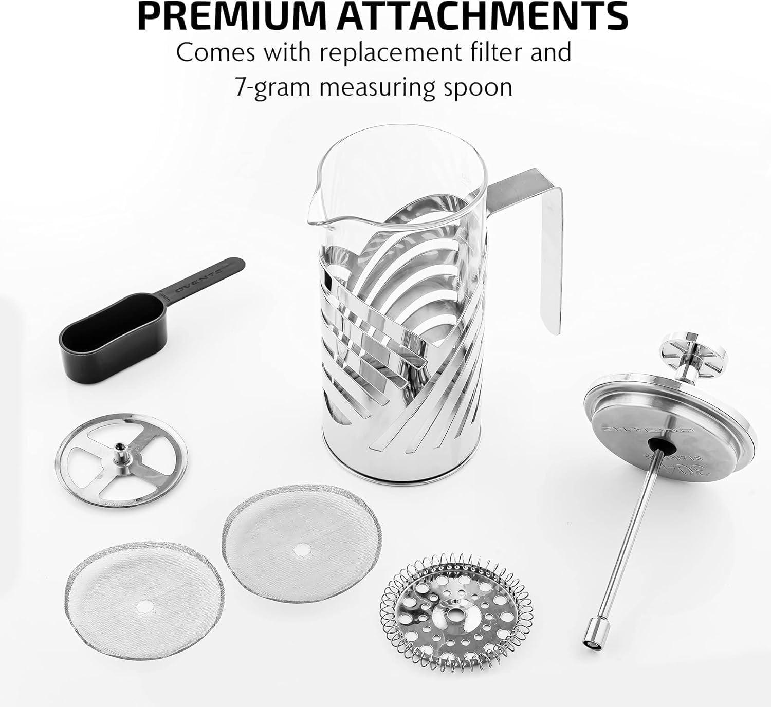 imageOVENTE French Press Coffee Maker 27 Ounce 4 Level Stainless Steel Filter System ampamp Heat Resistant Borosilicate Glass Portable Pitcher for Travel Gift Easy Clean Carafe w Scoop Silver FSS27PFSD34P
