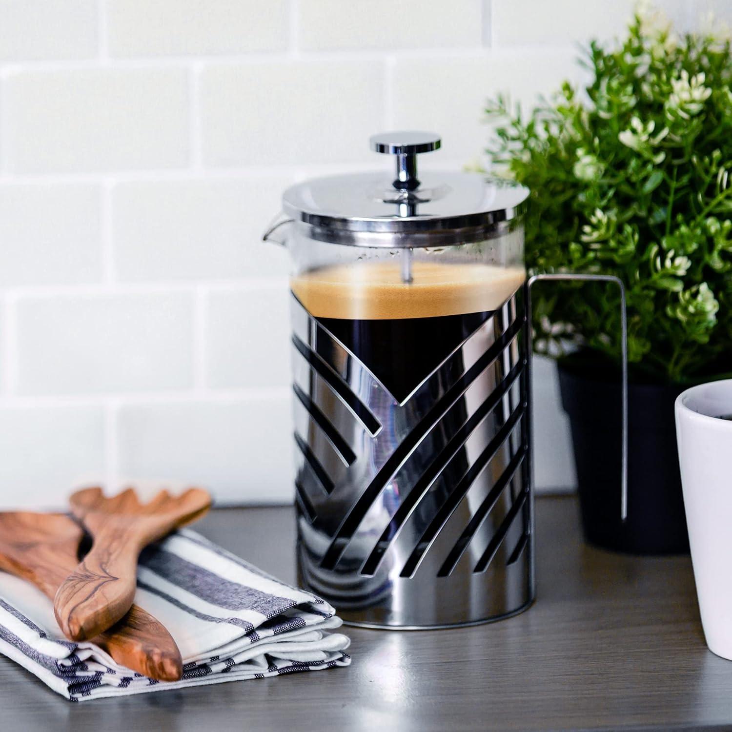 imageOVENTE French Press Coffee Maker 27 Ounce 4 Level Stainless Steel Filter System ampamp Heat Resistant Borosilicate Glass Portable Pitcher for Travel Gift Easy Clean Carafe w Scoop Silver FSS27PFSD27P