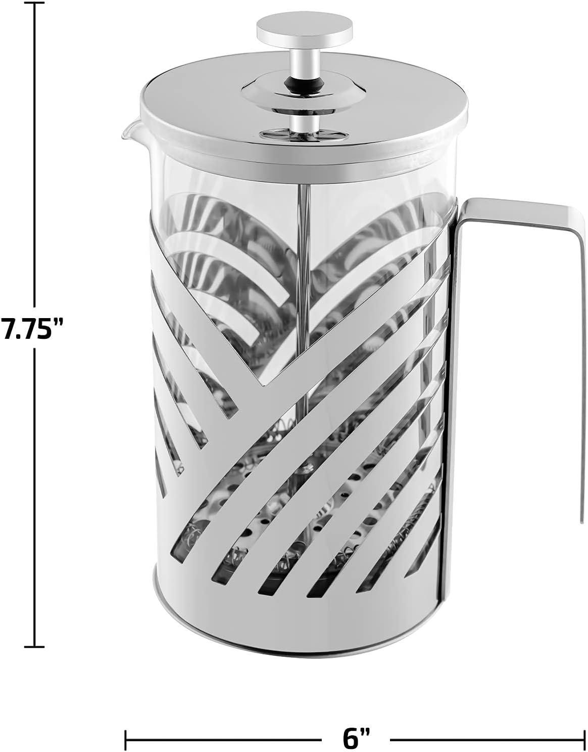 imageOVENTE French Press Coffee Maker 27 Ounce 4 Level Stainless Steel Filter System ampamp Heat Resistant Borosilicate Glass Portable Pitcher for Travel Gift Easy Clean Carafe w Scoop Silver FSS27PFSD27P