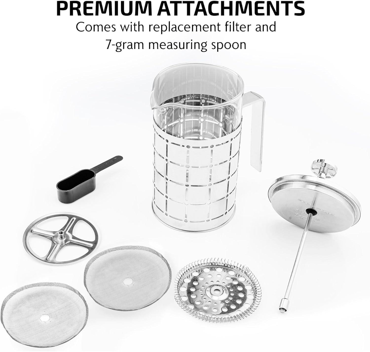 imageOVENTE French Press Coffee Maker 27 Ounce 4 Level Stainless Steel Filter System ampamp Heat Resistant Borosilicate Glass Portable Pitcher for Travel Gift Easy Clean Carafe w Scoop Silver FSS27PFSS27P
