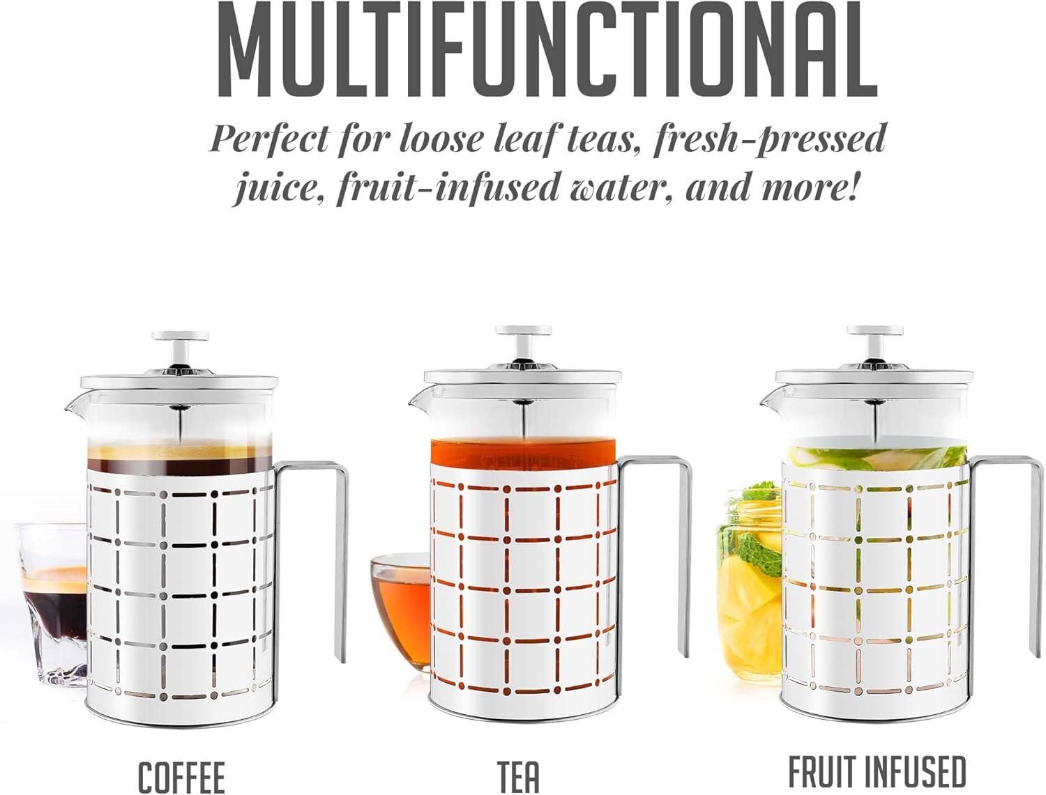 imageOVENTE French Press Coffee Maker 27 Ounce 4 Level Stainless Steel Filter System ampamp Heat Resistant Borosilicate Glass Portable Pitcher for Travel Gift Easy Clean Carafe w Scoop Silver FSS27PFSS27P
