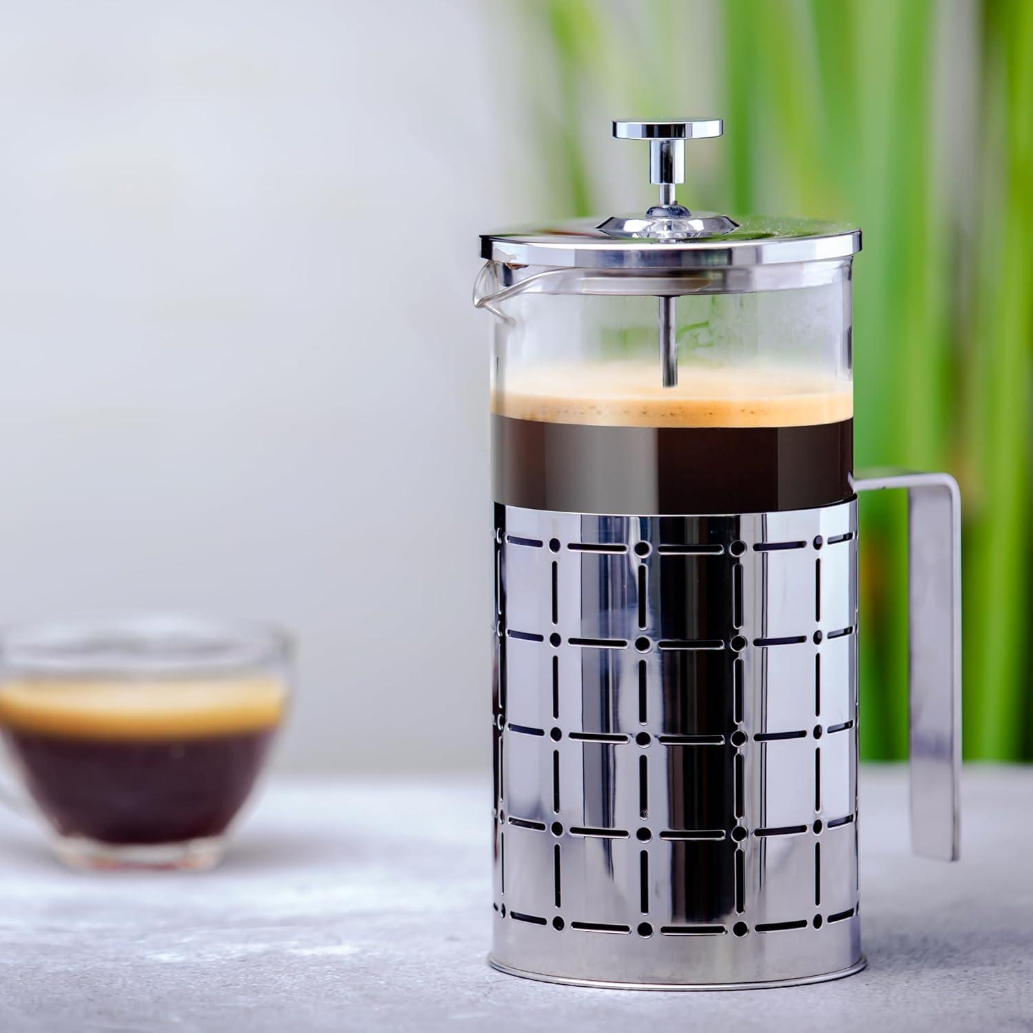 imageOVENTE French Press Coffee Maker 27 Ounce 4 Level Stainless Steel Filter System ampamp Heat Resistant Borosilicate Glass Portable Pitcher for Travel Gift Easy Clean Carafe w Scoop Silver FSS27PFSS34P