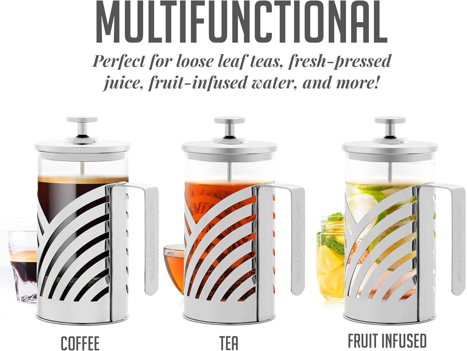 imageOVENTE French Press Coffee Maker 27 Ounce 4 Level Stainless Steel Filter System ampamp Heat Resistant Borosilicate Glass Portable Pitcher for Travel Gift Easy Clean Carafe w Scoop Silver FSS27PFSD20P
