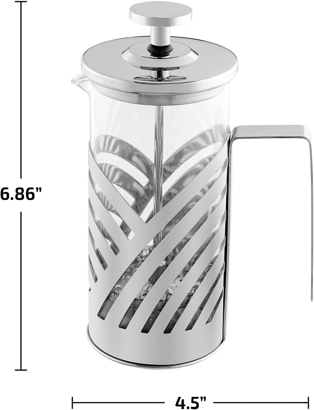 imageOVENTE French Press Coffee Maker 27 Ounce 4 Level Stainless Steel Filter System ampamp Heat Resistant Borosilicate Glass Portable Pitcher for Travel Gift Easy Clean Carafe w Scoop Silver FSS27PFSD12P