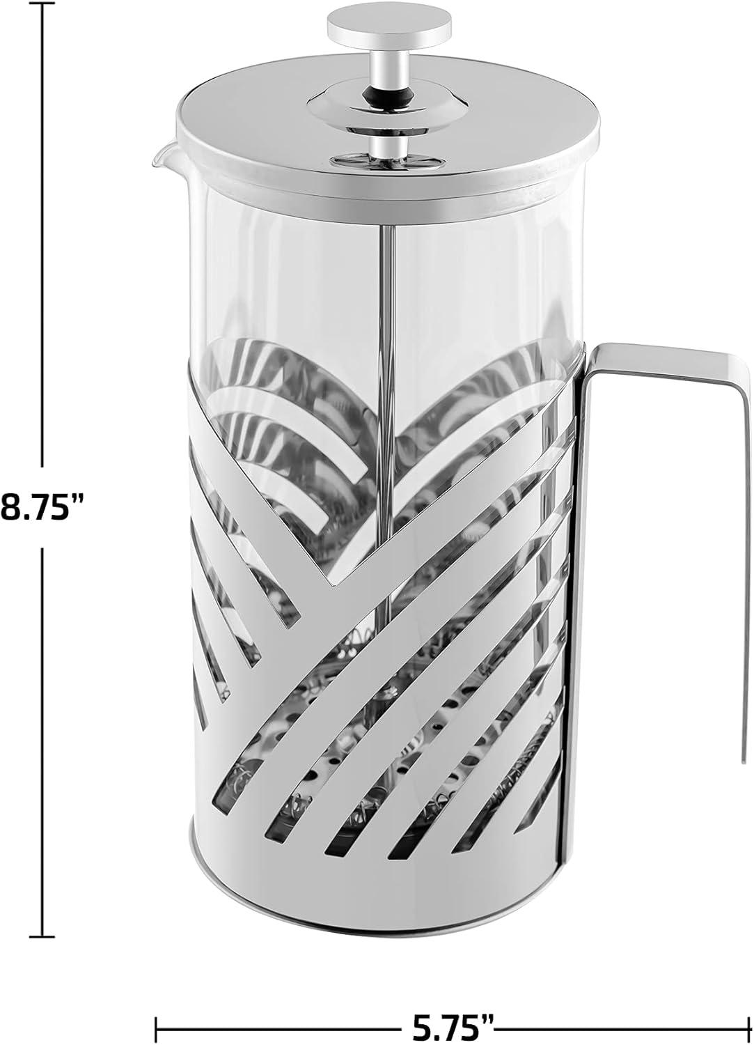 imageOVENTE French Press Coffee Maker 27 Ounce 4 Level Stainless Steel Filter System ampamp Heat Resistant Borosilicate Glass Portable Pitcher for Travel Gift Easy Clean Carafe w Scoop Silver FSS27PFSD34P