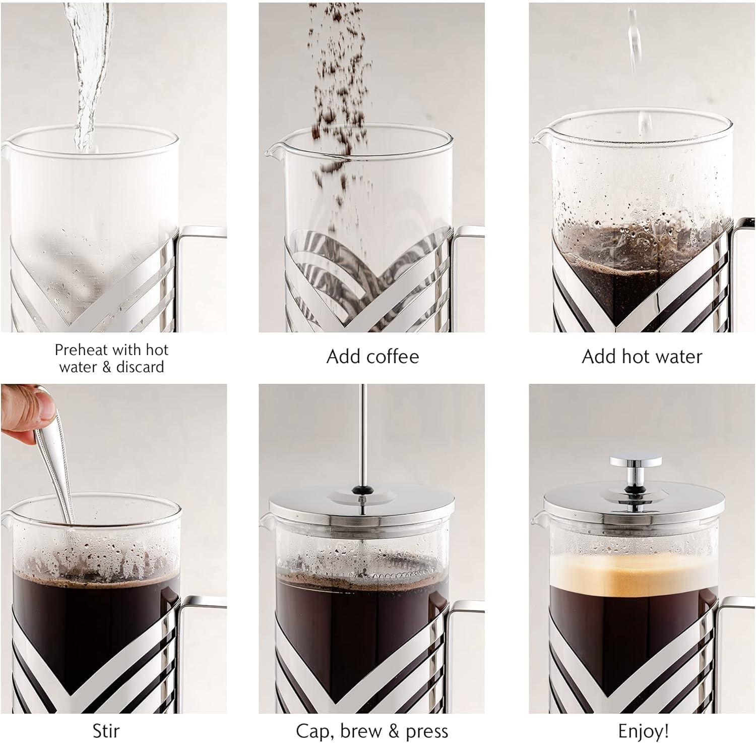 imageOVENTE French Press Coffee Maker 27 Ounce 4 Level Stainless Steel Filter System ampamp Heat Resistant Borosilicate Glass Portable Pitcher for Travel Gift Easy Clean Carafe w Scoop Silver FSS27PFSD12P