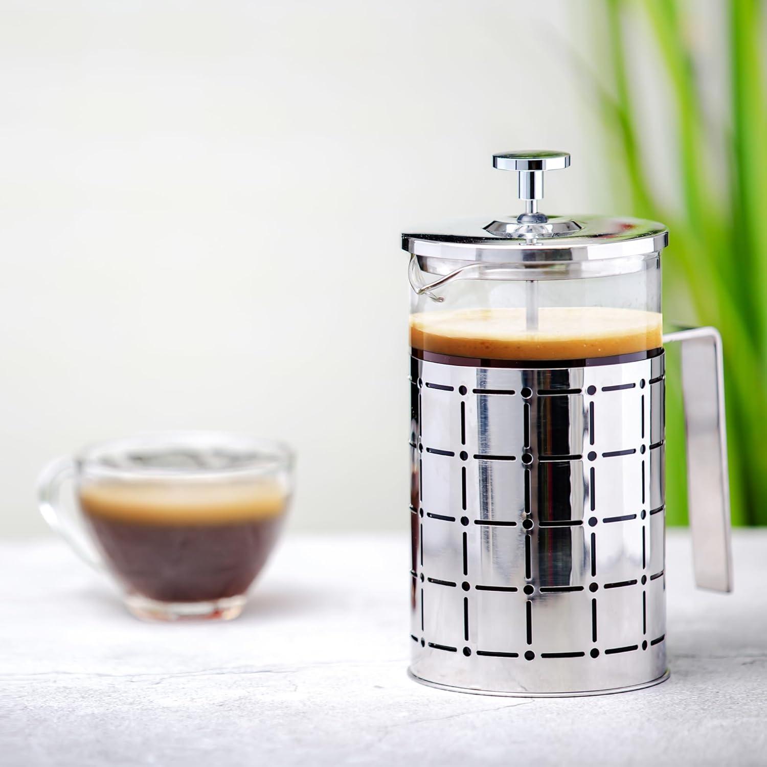 imageOVENTE French Press Coffee Maker 27 Ounce 4 Level Stainless Steel Filter System ampamp Heat Resistant Borosilicate Glass Portable Pitcher for Travel Gift Easy Clean Carafe w Scoop Silver FSS27PFSS27P
