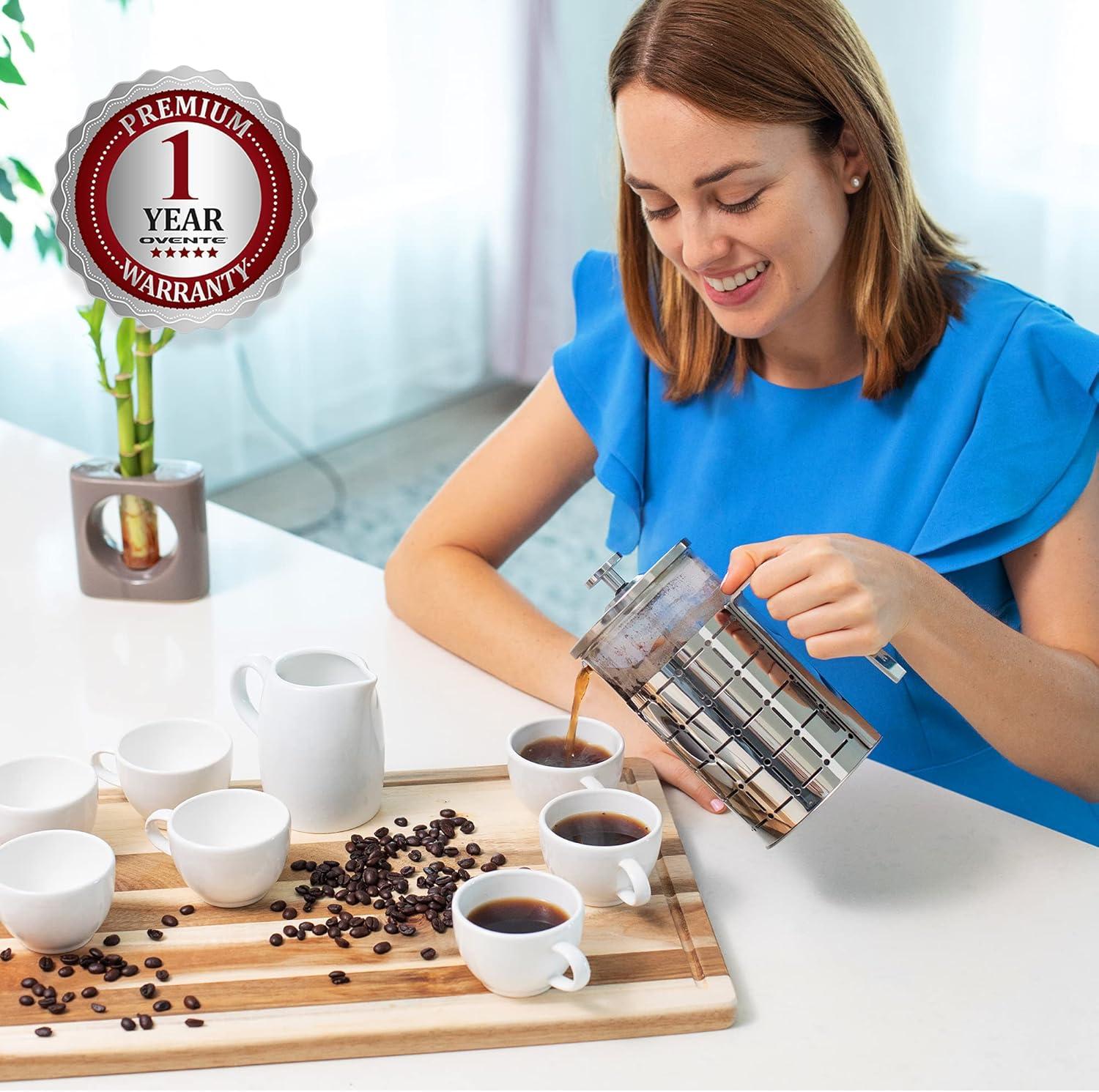 imageOVENTE French Press Coffee Maker 27 Ounce 4 Level Stainless Steel Filter System ampamp Heat Resistant Borosilicate Glass Portable Pitcher for Travel Gift Easy Clean Carafe w Scoop Silver FSS27PFSS27P