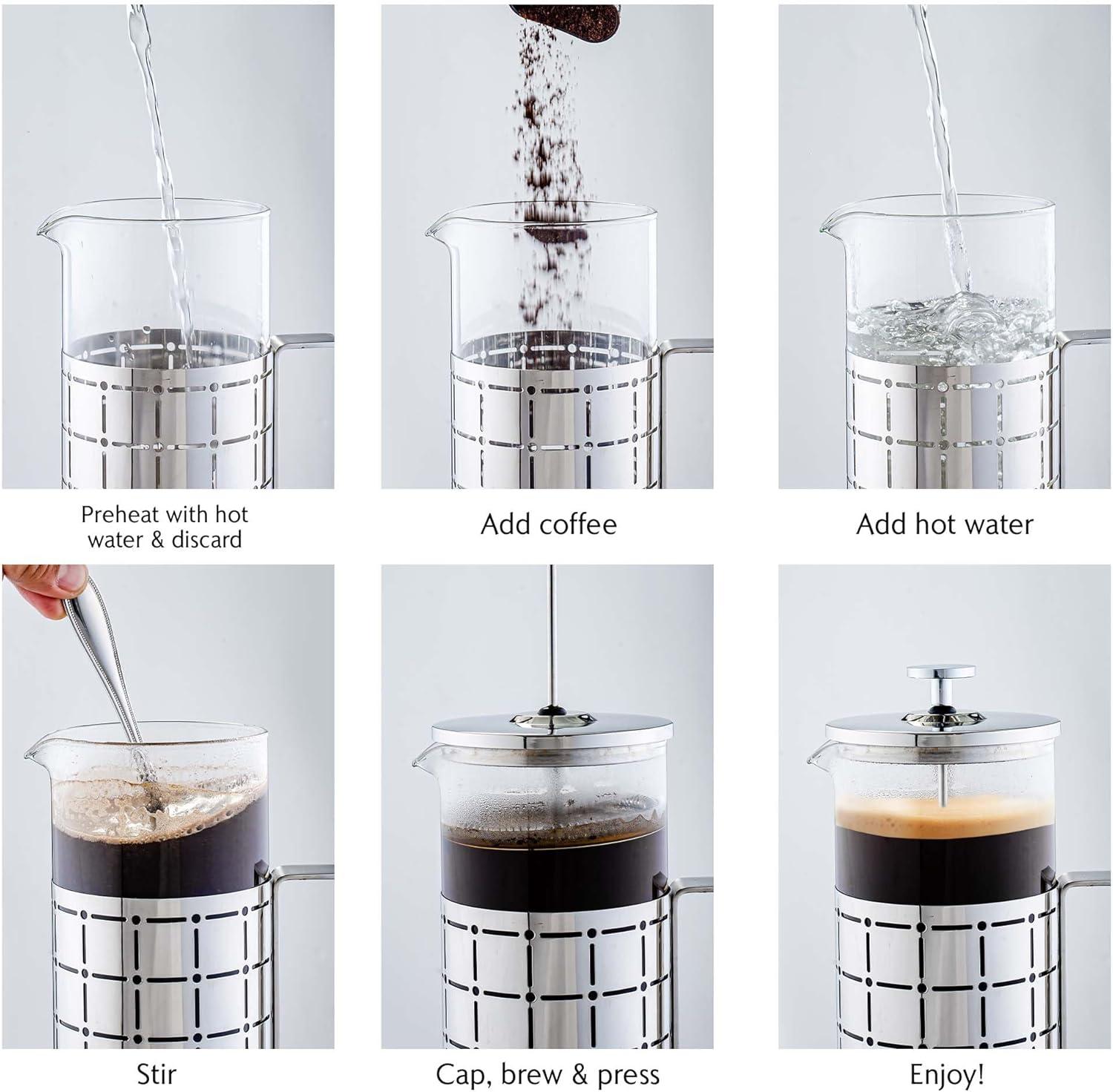imageOVENTE French Press Coffee Maker 27 Ounce 4 Level Stainless Steel Filter System ampamp Heat Resistant Borosilicate Glass Portable Pitcher for Travel Gift Easy Clean Carafe w Scoop Silver FSS27PFSS27P