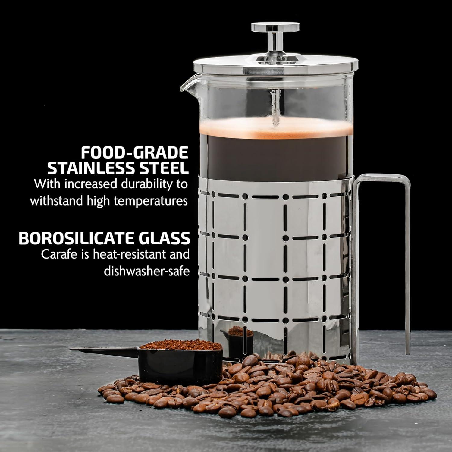 imageOVENTE French Press Coffee Maker 27 Ounce 4 Level Stainless Steel Filter System ampamp Heat Resistant Borosilicate Glass Portable Pitcher for Travel Gift Easy Clean Carafe w Scoop Silver FSS27PFSS34P