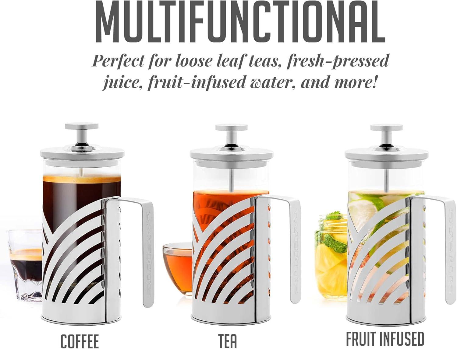 imageOVENTE French Press Coffee Maker 27 Ounce 4 Level Stainless Steel Filter System ampamp Heat Resistant Borosilicate Glass Portable Pitcher for Travel Gift Easy Clean Carafe w Scoop Silver FSS27PFSD27P