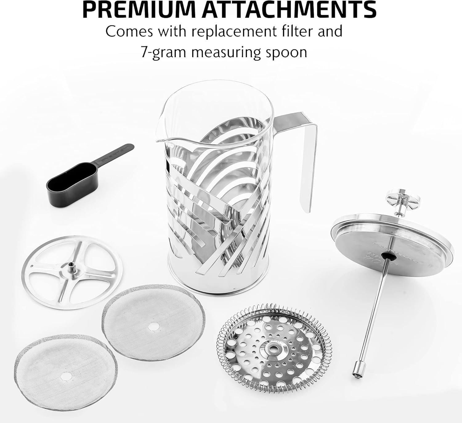 imageOVENTE French Press Coffee Maker 27 Ounce 4 Level Stainless Steel Filter System ampamp Heat Resistant Borosilicate Glass Portable Pitcher for Travel Gift Easy Clean Carafe w Scoop Silver FSS27PFSD27P