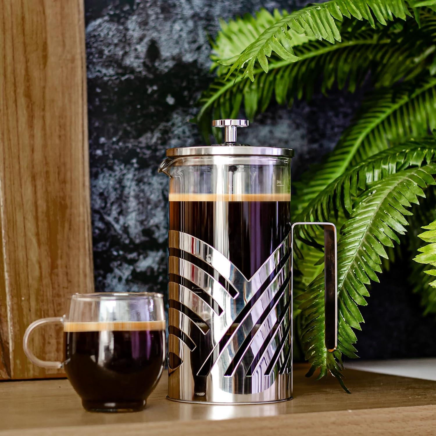 imageOVENTE French Press Coffee Maker 27 Ounce 4 Level Stainless Steel Filter System ampamp Heat Resistant Borosilicate Glass Portable Pitcher for Travel Gift Easy Clean Carafe w Scoop Silver FSS27PFSD34P