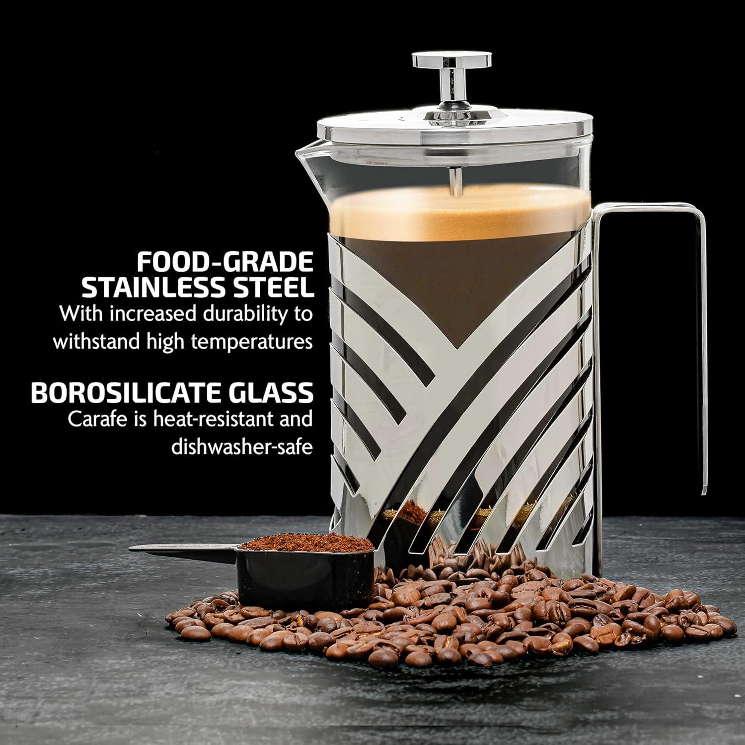 imageOVENTE French Press Coffee Maker 27 Ounce 4 Level Stainless Steel Filter System ampamp Heat Resistant Borosilicate Glass Portable Pitcher for Travel Gift Easy Clean Carafe w Scoop Silver FSS27PFSD20P