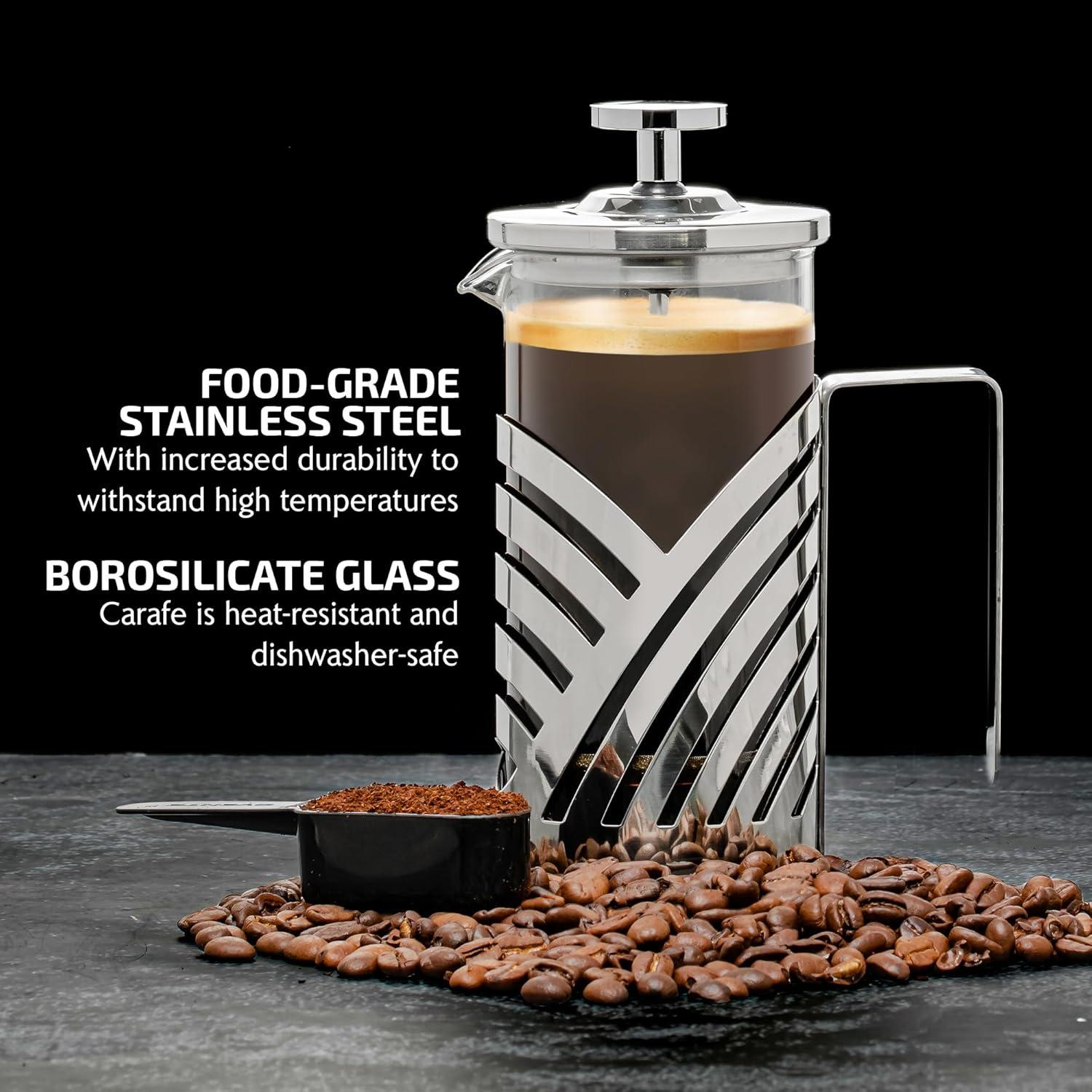 imageOVENTE French Press Coffee Maker 27 Ounce 4 Level Stainless Steel Filter System ampamp Heat Resistant Borosilicate Glass Portable Pitcher for Travel Gift Easy Clean Carafe w Scoop Silver FSS27PFSD12P