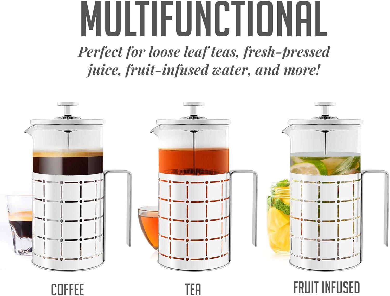 imageOVENTE French Press Coffee Maker 27 Ounce 4 Level Stainless Steel Filter System ampamp Heat Resistant Borosilicate Glass Portable Pitcher for Travel Gift Easy Clean Carafe w Scoop Silver FSS27PFSS34P