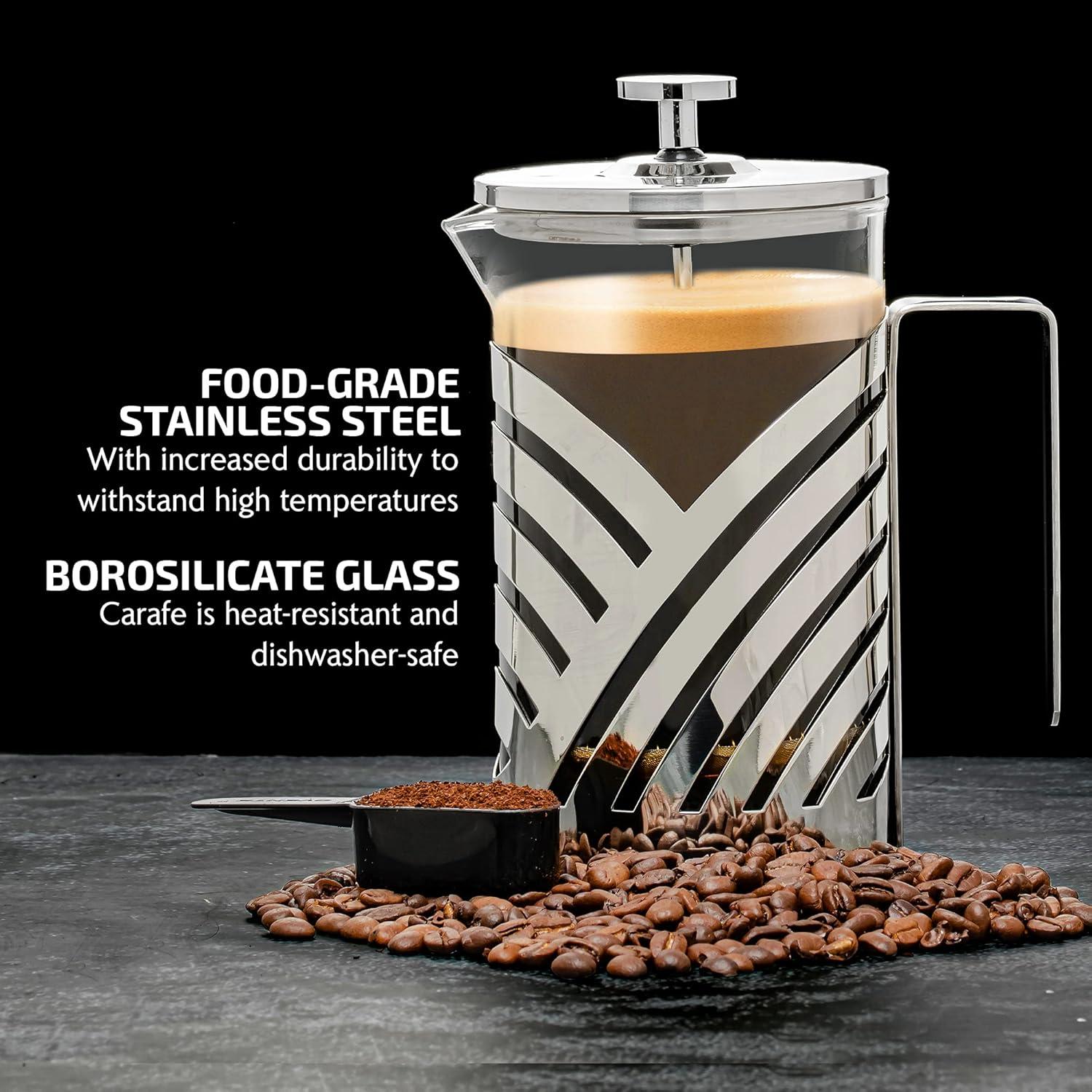 imageOVENTE French Press Coffee Maker 27 Ounce 4 Level Stainless Steel Filter System ampamp Heat Resistant Borosilicate Glass Portable Pitcher for Travel Gift Easy Clean Carafe w Scoop Silver FSS27PFSD27P