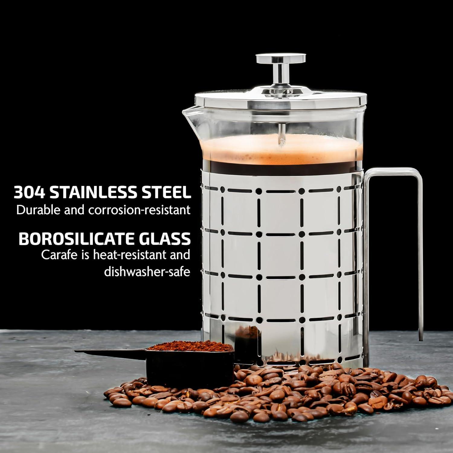 imageOVENTE French Press Coffee Maker 27 Ounce 4 Level Stainless Steel Filter System ampamp Heat Resistant Borosilicate Glass Portable Pitcher for Travel Gift Easy Clean Carafe w Scoop Silver FSS27PFSS27P