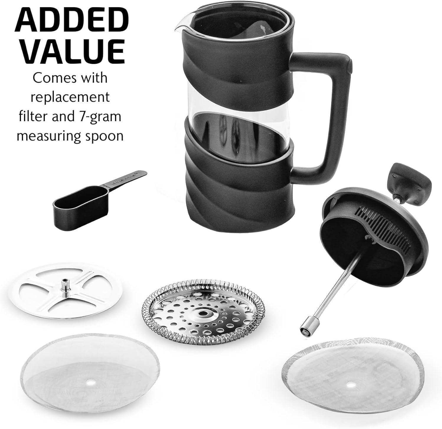 imageOVENTE French Press Coffee Maker 34 Ounce Heat Resistant Borosilicate Glass with 4 Filter StainlessSteel System BPAFree Portable Pitcher Perfect for Hot ampamp Cold Brew Red FPT34RFPW  Black