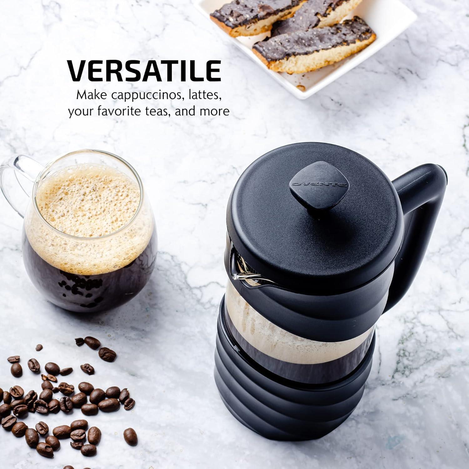 imageOVENTE French Press Coffee Maker 34 Ounce Heat Resistant Borosilicate Glass with 4 Filter StainlessSteel System BPAFree Portable Pitcher Perfect for Hot ampamp Cold Brew Red FPT34RFPW  Black