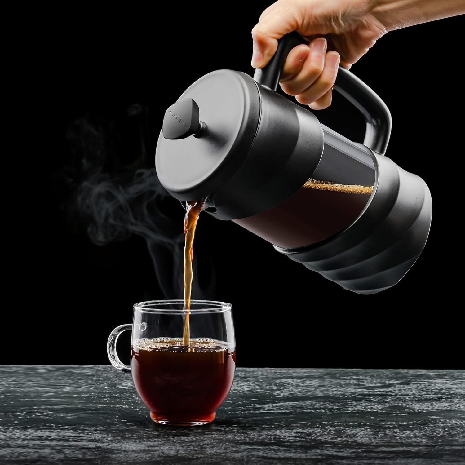 imageOVENTE French Press Coffee Maker 34 Ounce Heat Resistant Borosilicate Glass with 4 Filter StainlessSteel System BPAFree Portable Pitcher Perfect for Hot ampamp Cold Brew Red FPT34RFPW  Black